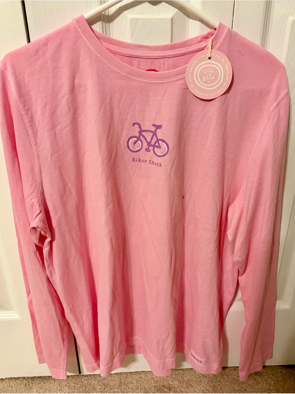 Life Is Good Pink Long Sleeve Tee with Bike Graphic
